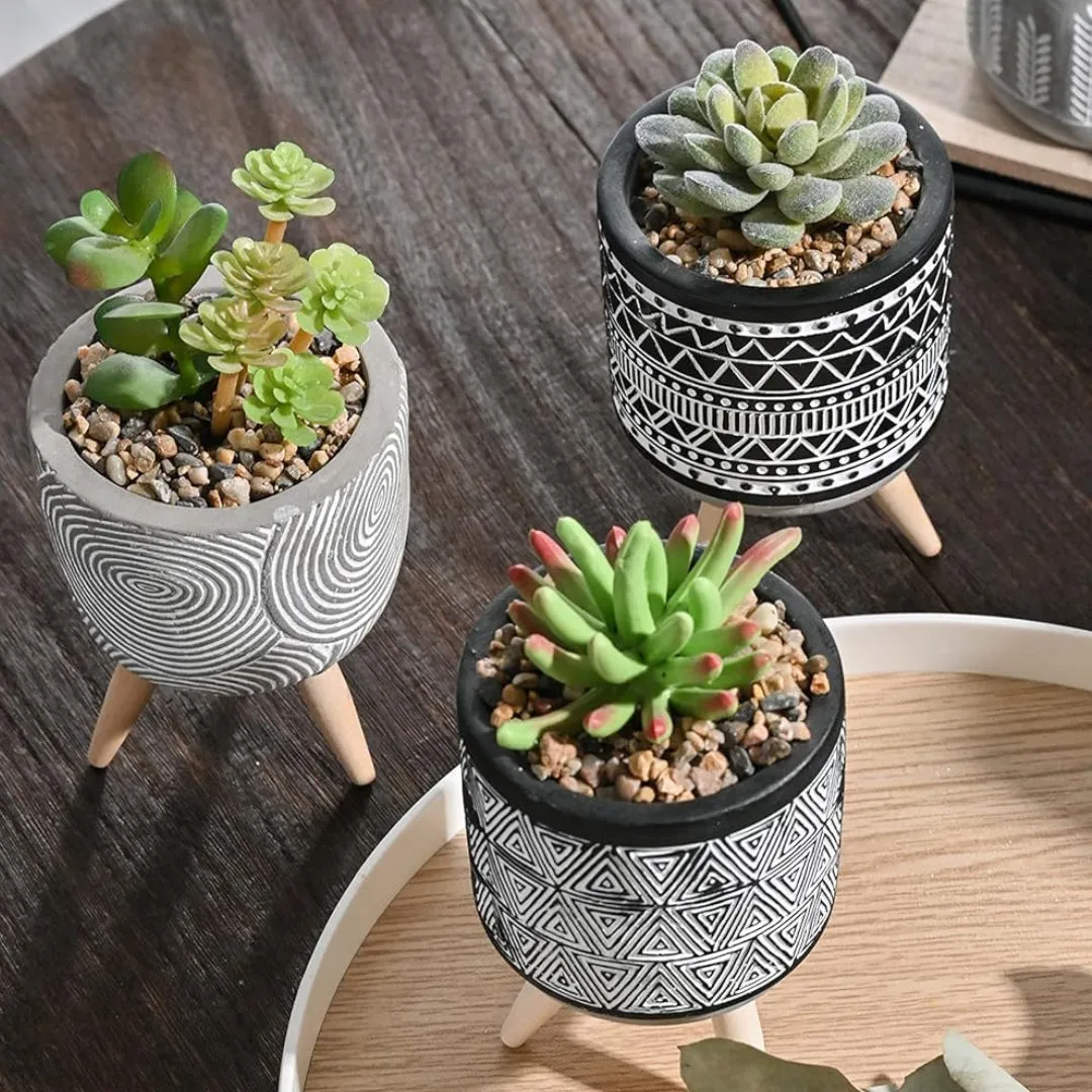 3 Pcs Indoor Artificial Succulent Cactus Plant in Pot Set with Stand for Office Home Bohemian Modern Style