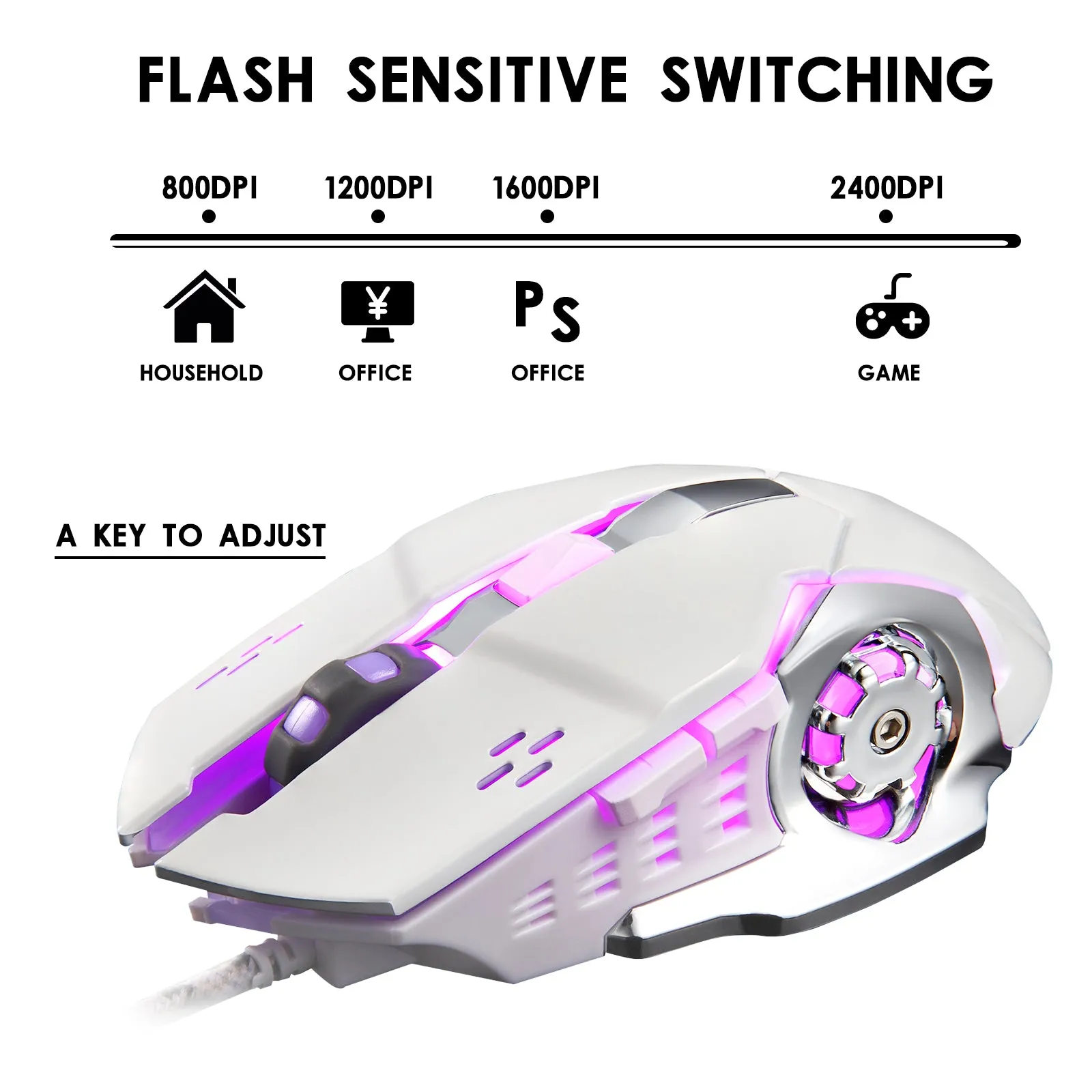 6 Buttons for Desktop Laptop Mac PC Gaming Wired Mouse with 4 Colors LED Backlit