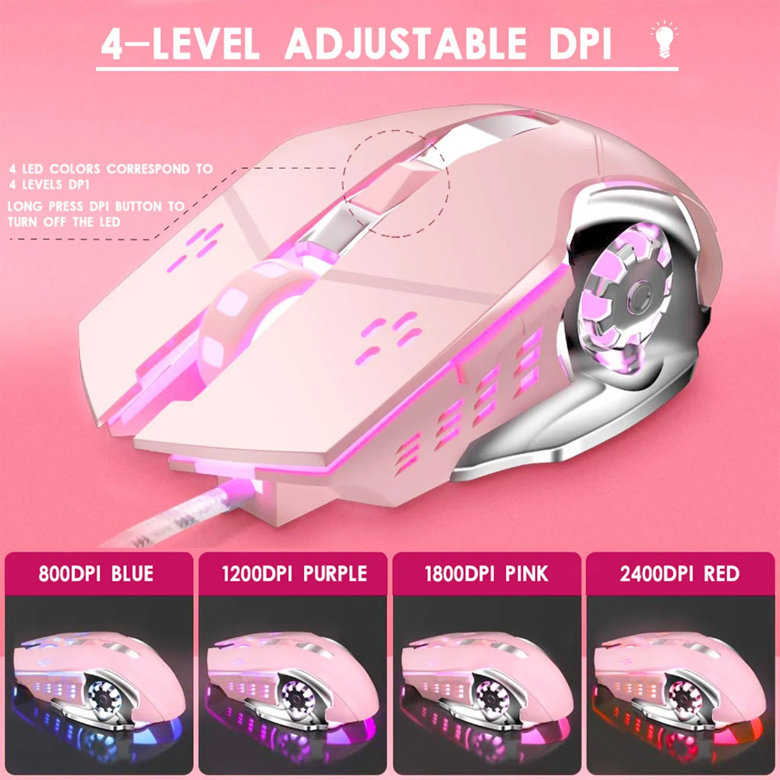 6 Buttons for Desktop Laptop Mac PC Gaming Wired Mouse with 4 Colors LED Backlit