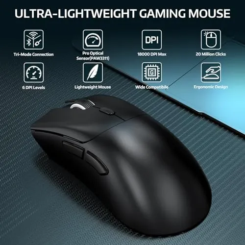 ATTACK SHARK R1 Wireless Gaming Mouse,Tri-Mode Connection (2.4G/Wired/BT5.2),55g Lightweight,18K DPI Optical Sensor,HUYU 20 Million Key Life,Ergonomic Design,for PC/Laptop/Win/Mac(Black)