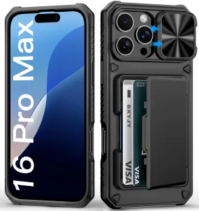 BXYJY for iPhone 16 Pro Max Case Wallet, Built-in Card Holder (4-5 Cards), Slide Camera Cover, Military Drop Protection, Rugged Heavy Duty Men Women Protective Phone Case for iPhone 16 Pro Max, Black