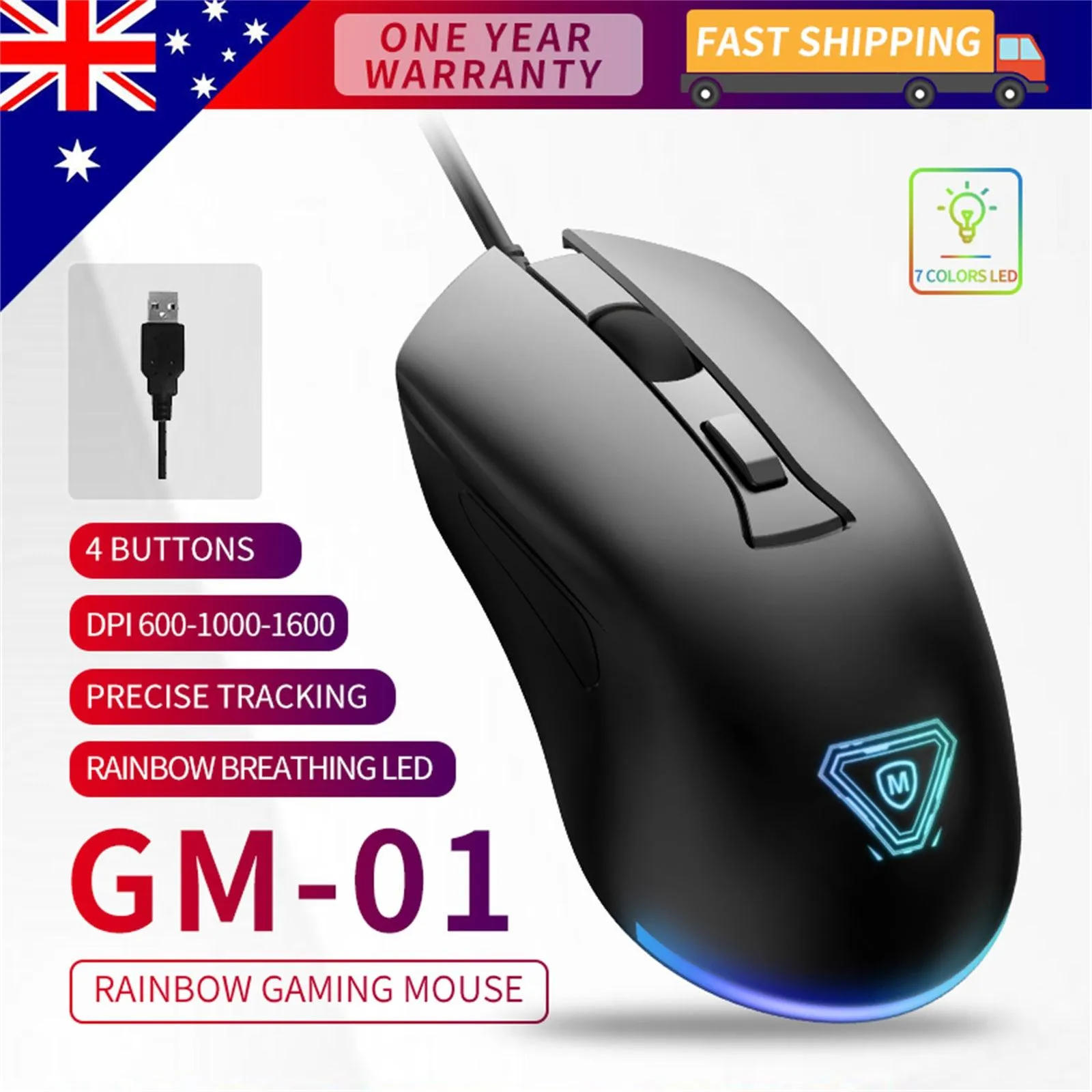 Gaming Mouse Rainbow Breathing LED 4 Buttons DPI Switch For Computer Laptop