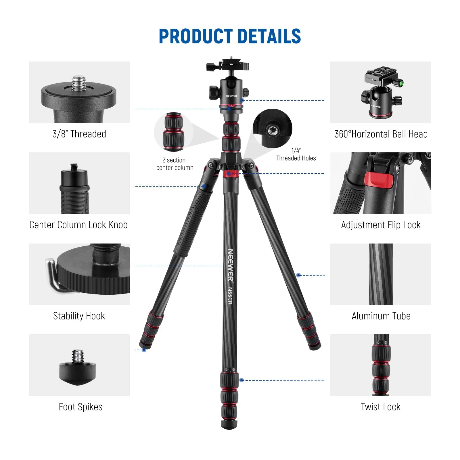 NEEWER N55CR 80.7” Carbon Fiber Tripod with 2 Section Center Axes