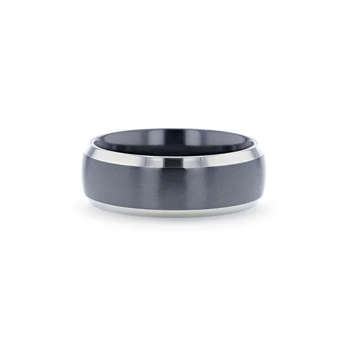 NOLAN Brushed Domed Black Titanium Wedding Band with Polished Beveled Edges - 8mm