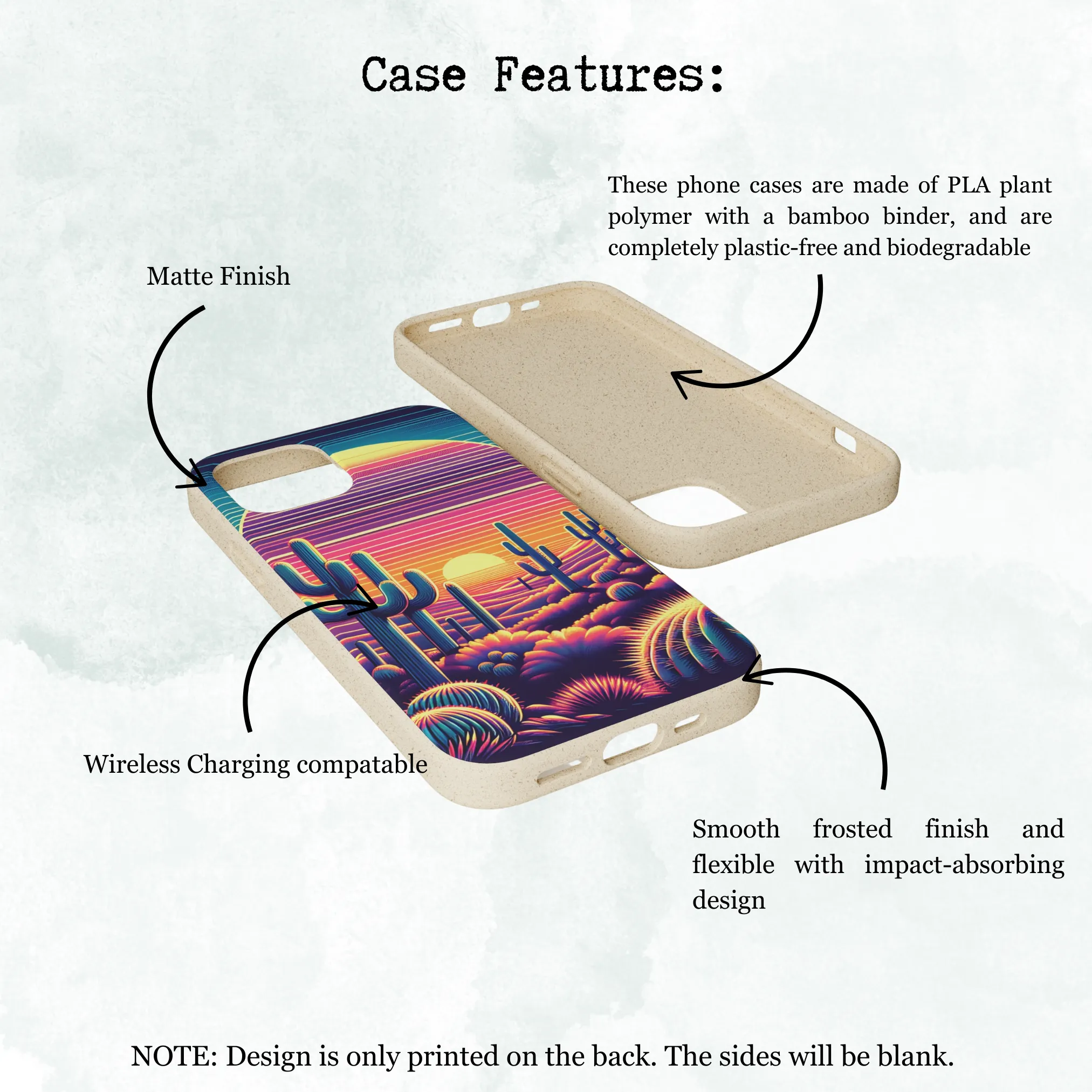 Phone Case, Sunset Desert Biodegradable Cover Matte Finish Wireless Charging, iPhone Samsung Accessories, Eco-Friendly Plant-Based Material