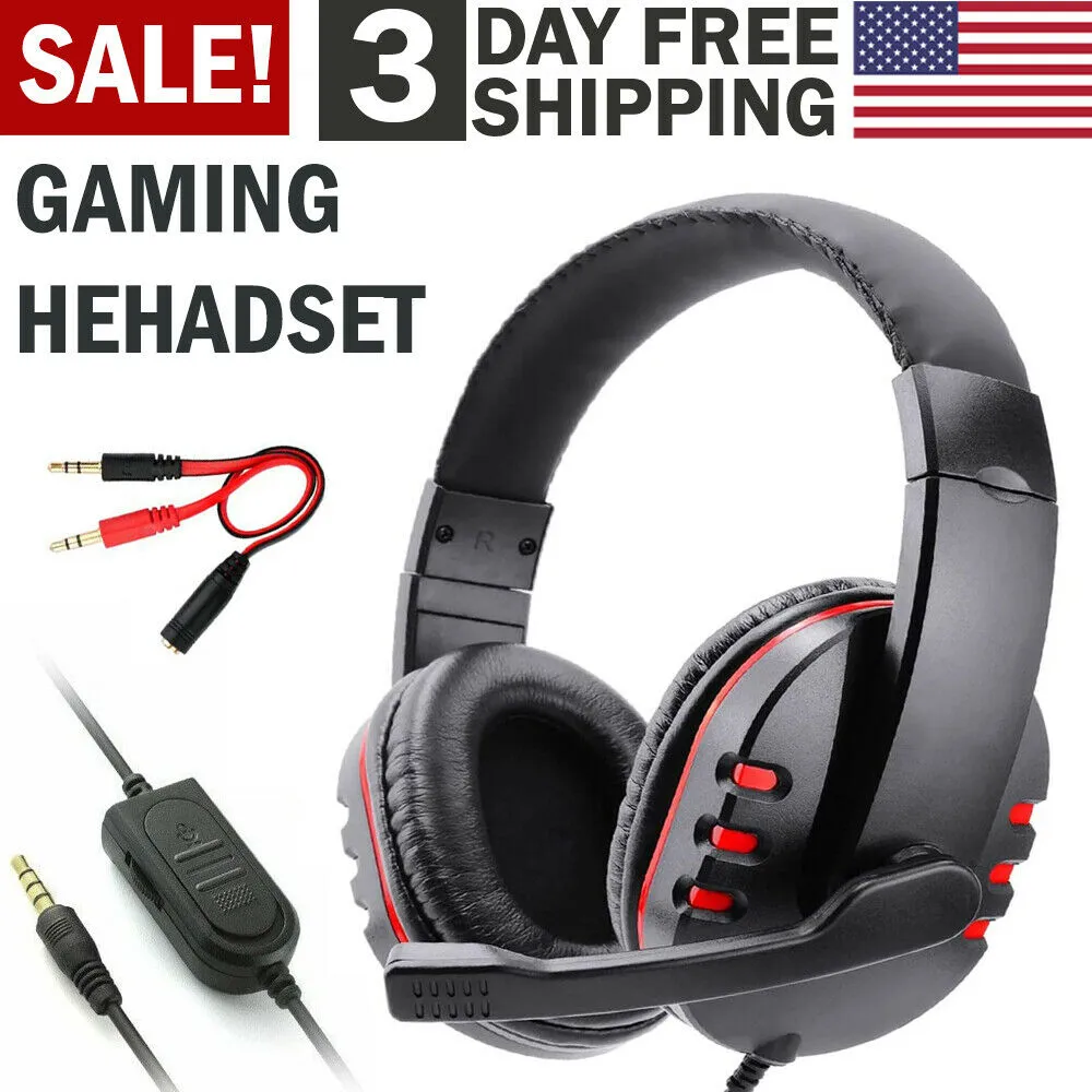 Pro Gamer Headset For PC Computer Red Headphones Wired Stereo