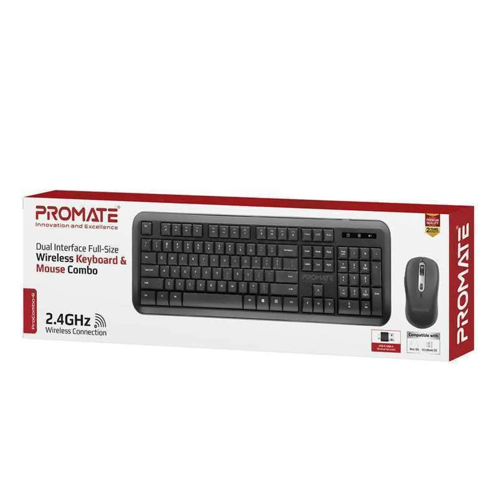 Promate Wireless Keyboard Mouse Combo USB-A/USB-C Dongle Black